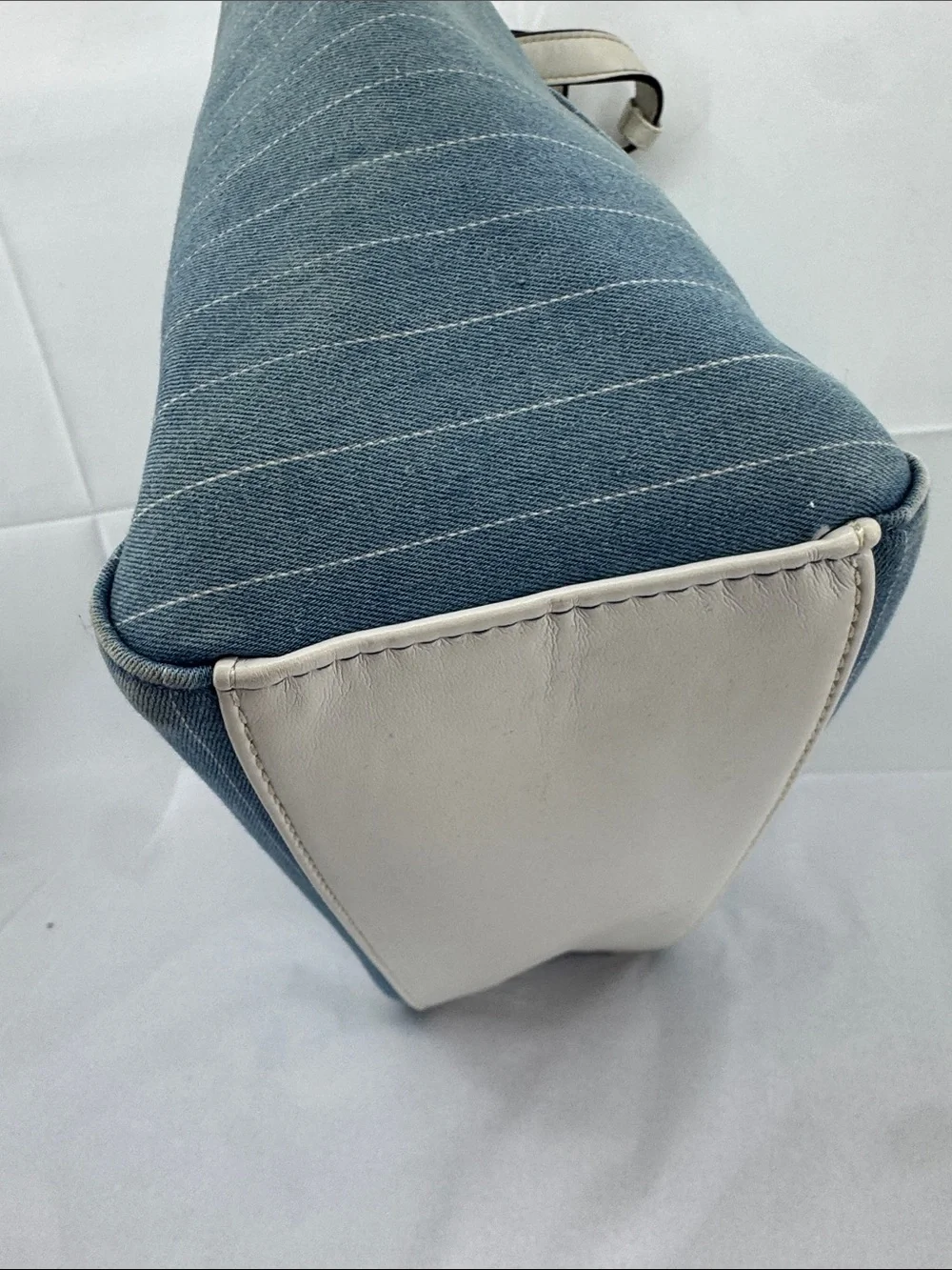 CXL by Christian LaCroix Giulia Satchel Purse, Denim Light Blue w/ Cream Stripes
